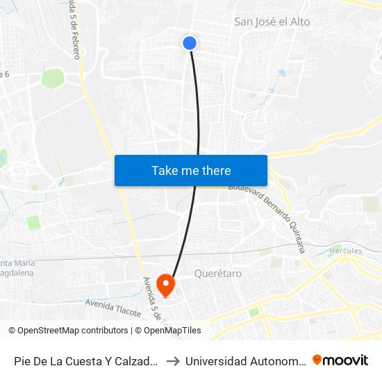 Pie De La Cuesta Y Calzada De Las Lágrimas to Universidad Autonoma De Querétaro map