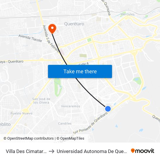 Villa Des Cimatario 1 to Universidad Autonoma De Querétaro map