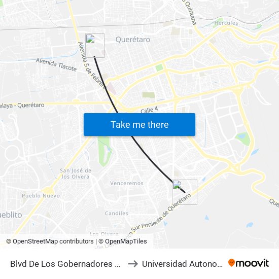 Blvd De Los Gobernadores Y Villas Del Campanario to Universidad Autonoma De Querétaro map