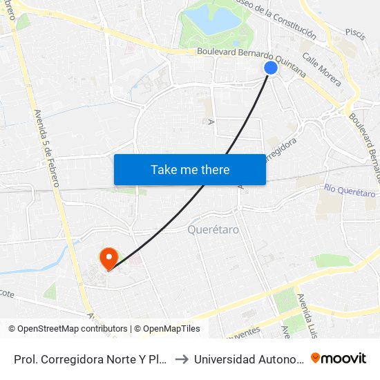 Prol. Corregidora Norte Y Plaza Del Parque Anden 2 to Universidad Autonoma De Querétaro map