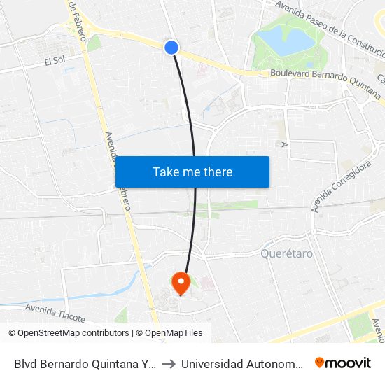 Blvd Bernardo Quintana Y Playa Condesa to Universidad Autonoma De Querétaro map