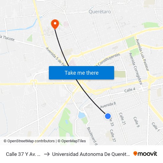 Calle 37 Y Av. 14 to Universidad Autonoma De Querétaro map