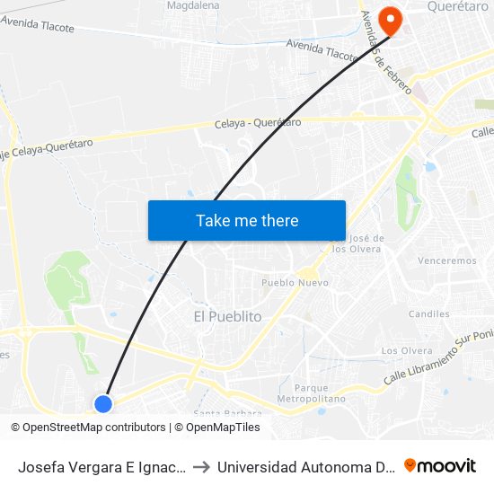 Josefa Vergara E Ignacio Mariscal to Universidad Autonoma De Querétaro map
