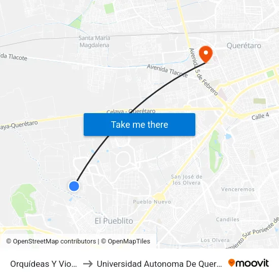 Orquídeas Y Violeta to Universidad Autonoma De Querétaro map