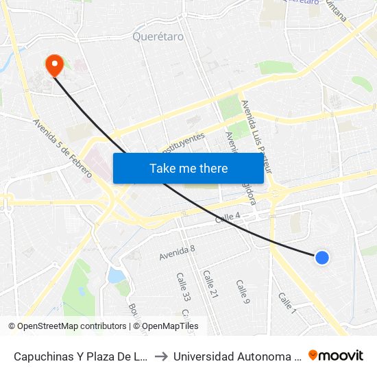 Capuchinas Y Plaza De La Corregidora to Universidad Autonoma De Querétaro map