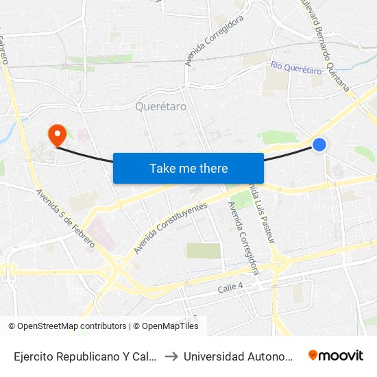 Ejercito Republicano Y Calzada De Los Arcos to Universidad Autonoma De Querétaro map