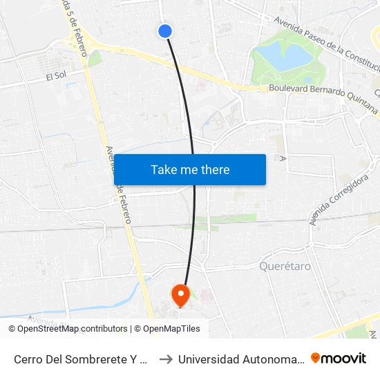 Cerro Del Sombrerete Y Cerro Del Peñón to Universidad Autonoma De Querétaro map