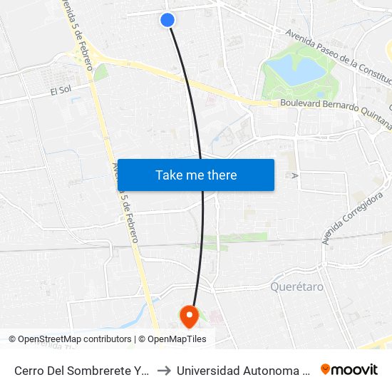 Cerro Del Sombrerete Y Prepa Norte to Universidad Autonoma De Querétaro map