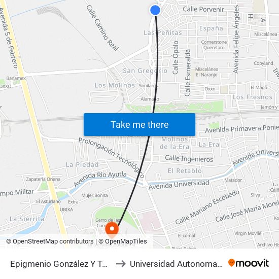 Epigmenio González Y Tec. De Córdoba to Universidad Autonoma De Querétaro map