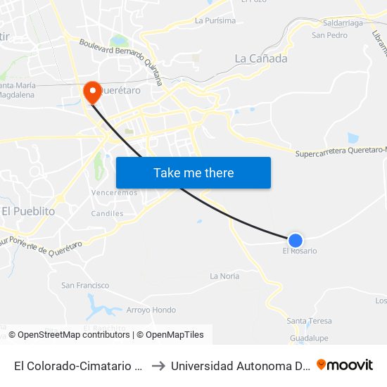 El Colorado-Cimatario Y El Rosario to Universidad Autonoma De Querétaro map