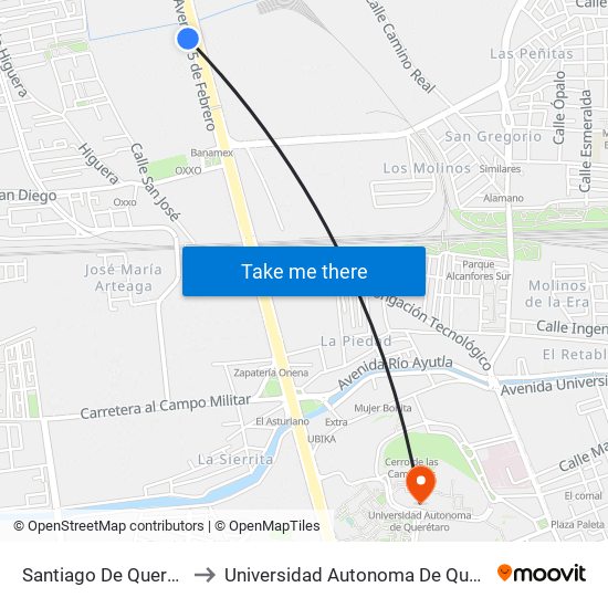 Santiago De Querétaro to Universidad Autonoma De Querétaro map