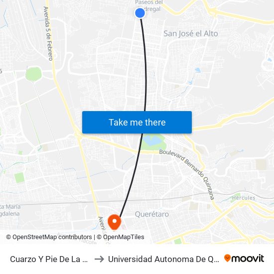 Cuarzo Y Pie De La Cuesta to Universidad Autonoma De Querétaro map