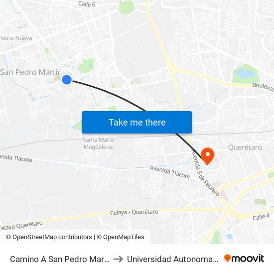 Camino A San Pedro Martir Y Azucenas to Universidad Autonoma De Querétaro map