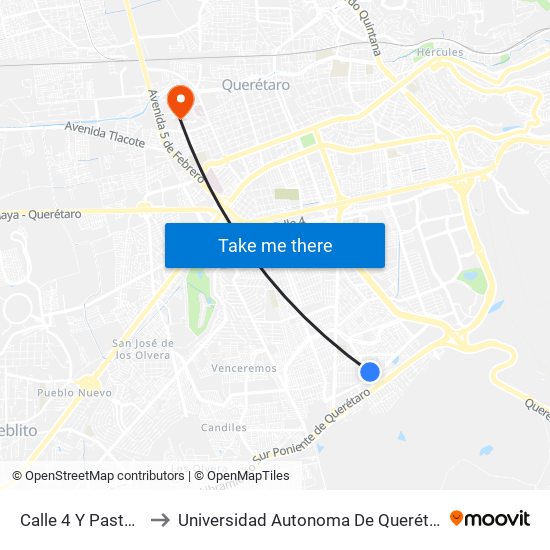Calle 4 Y Pasteur to Universidad Autonoma De Querétaro map