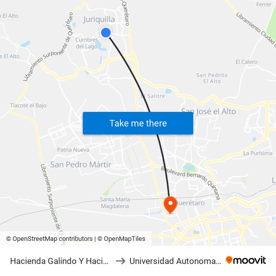 Hacienda Galindo Y Hacienda San Pedro to Universidad Autonoma De Querétaro map