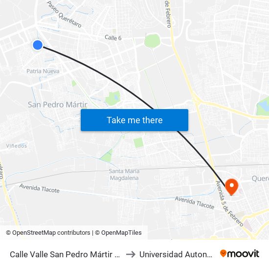 Calle Valle San Pedro Mártir Y Calle Valle De Mompaní to Universidad Autonoma De Querétaro map