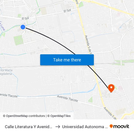 Calle Literatura Y Avenida De La Poesía to Universidad Autonoma De Querétaro map