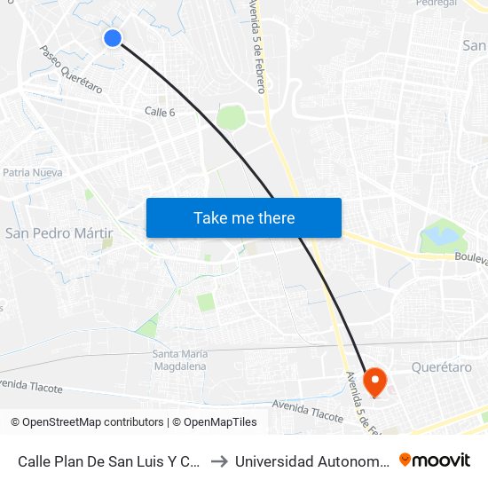 Calle Plan De San Luis Y Calle Tomas Urbina to Universidad Autonoma De Querétaro map