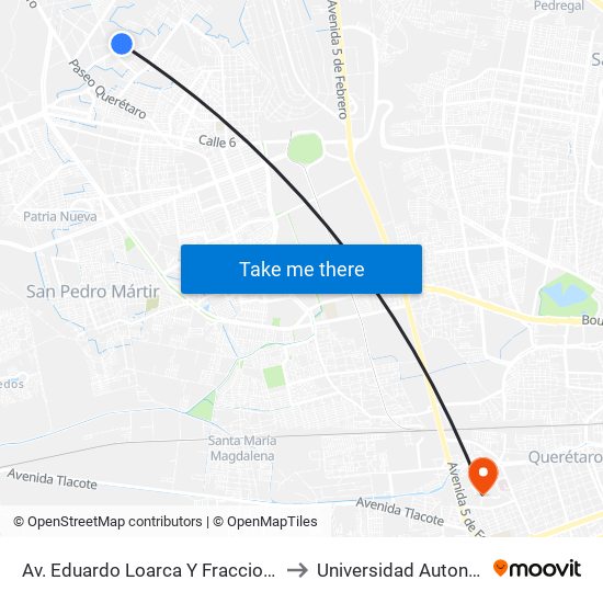 Av. Eduardo Loarca Y Fraccionamientos Eduardo Loarca to Universidad Autonoma De Querétaro map