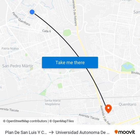 Plan De San Luis Y Calle 13 to Universidad Autonoma De Querétaro map