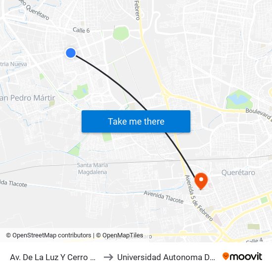 Av. De La Luz Y Cerro Del Capulín to Universidad Autonoma De Querétaro map