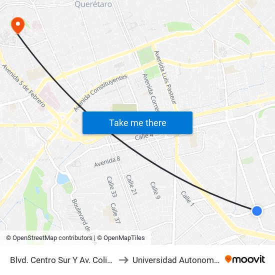 Blvd. Centro Sur Y Av. Colinas Del Cimatario to Universidad Autonoma De Querétaro map