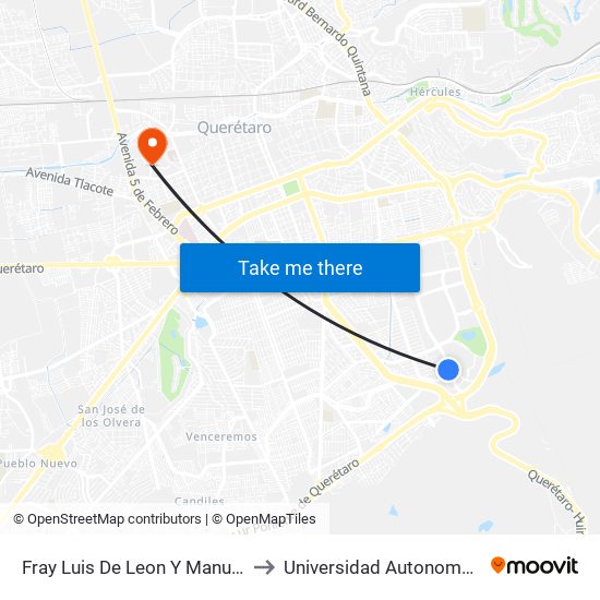 Fray Luis De Leon Y Manuel Gomez Morin to Universidad Autonoma De Querétaro map