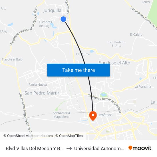 Blvd Villas Del Mesón Y Blvd Universitario to Universidad Autonoma De Querétaro map