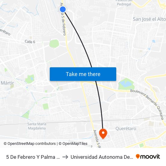 5 De Febrero Y Palma Cocotera to Universidad Autonoma De Querétaro map