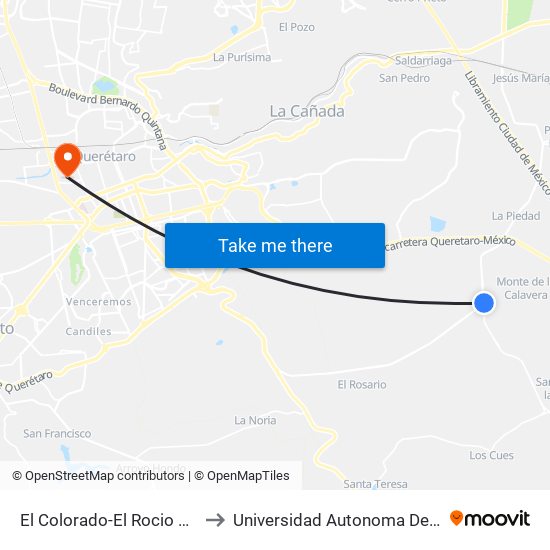 El Colorado-El Rocio Y Pilgrims to Universidad Autonoma De Querétaro map