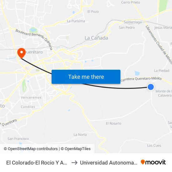 El Colorado-El Rocio Y Av. Las Misiones to Universidad Autonoma De Querétaro map