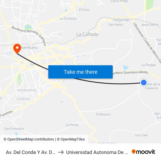 Av. Del Conde Y Av. Del Virrey to Universidad Autonoma De Querétaro map