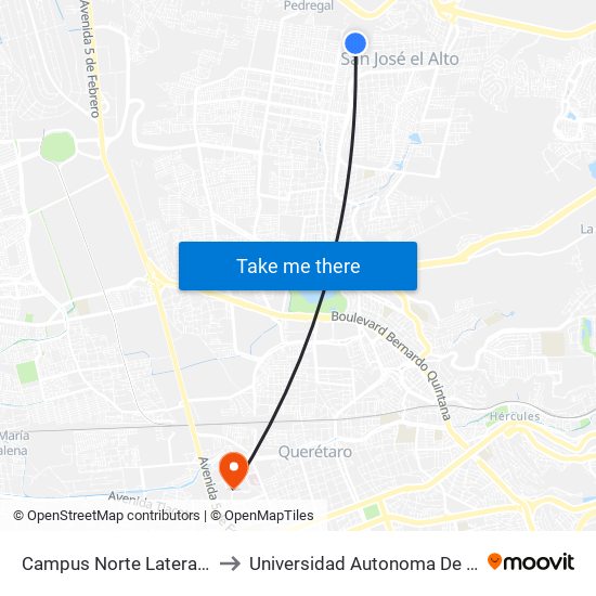 Campus Norte Lateral Pte-Ote to Universidad Autonoma De Querétaro map