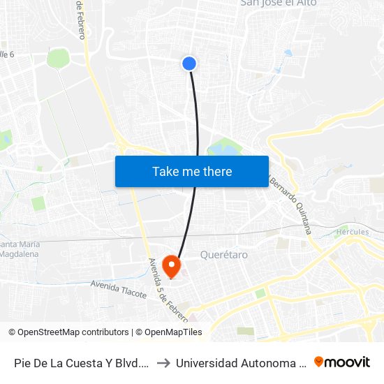 Pie De La Cuesta Y Blvd. De La Nación to Universidad Autonoma De Querétaro map