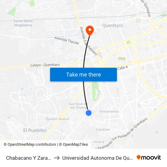 Chabacano Y Zaragoza to Universidad Autonoma De Querétaro map