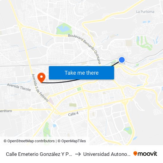 Calle Emeterio González Y Privada Emiliano B. Ravo to Universidad Autonoma De Querétaro map