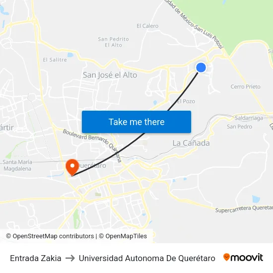 Entrada Zakia to Universidad Autonoma De Querétaro map