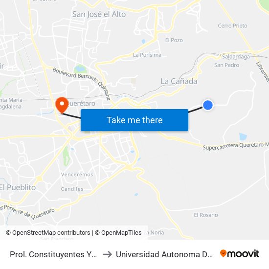 Prol. Constituyentes Y Zen Life II to Universidad Autonoma De Querétaro map