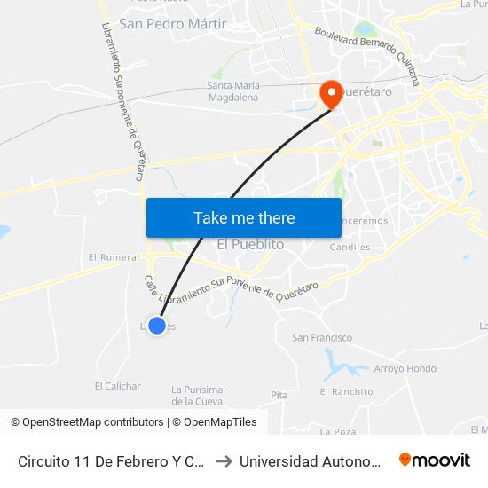 Circuito 11 De Febrero Y Calzada Los Angeles to Universidad Autonoma De Querétaro map