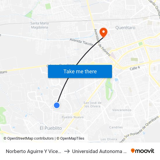 Norberto Aguirre Y Vicente Guerrero to Universidad Autonoma De Querétaro map