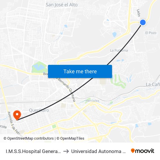 I.M.S.S.Hospital General Regional 2 to Universidad Autonoma De Querétaro map