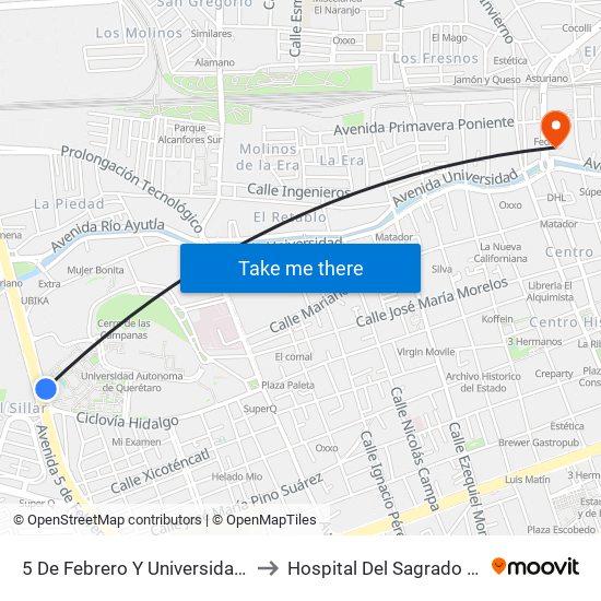 5 De Febrero Y Universidad Autonoma De Qro. to Hospital Del Sagrado Corazón De Jesús map