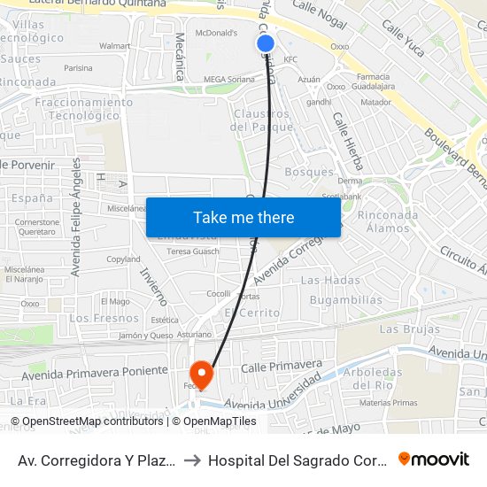 Av. Corregidora Y Plaza Del Parque to Hospital Del Sagrado Corazón De Jesús map