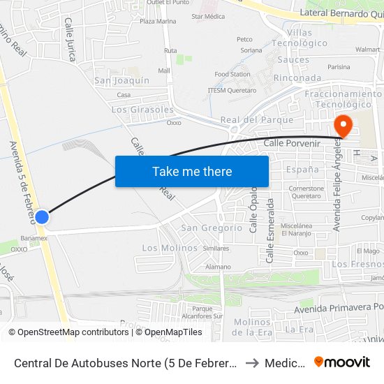 Central De Autobuses Norte (5 De Febrero Y Epigmenio González) to Medica Ebor map