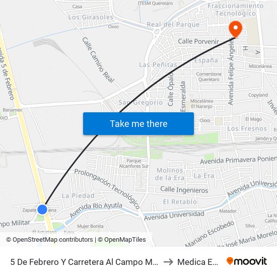 5 De Febrero Y Carretera Al Campo Militar to Medica Ebor map