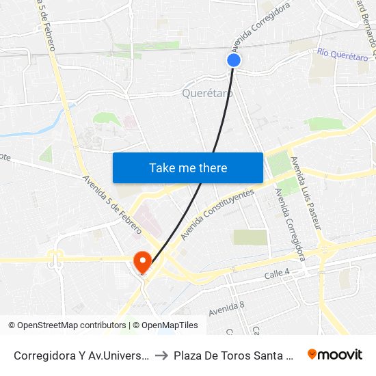 Corregidora Y Av.Universidad to Plaza De Toros Santa María map