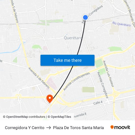 Corregidora Y Cerrito to Plaza De Toros Santa María map