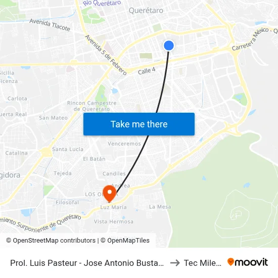 Prol. Luis Pasteur - Jose Antonio Bustamante to Tec Milenio map