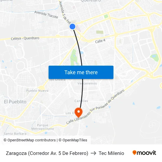Zaragoza (Corredor Av. 5 De Febrero) to Tec Milenio map