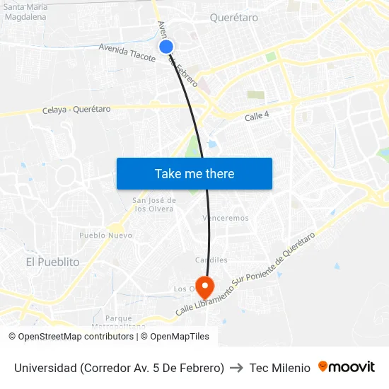 Universidad (Corredor Av. 5 De Febrero) to Tec Milenio map